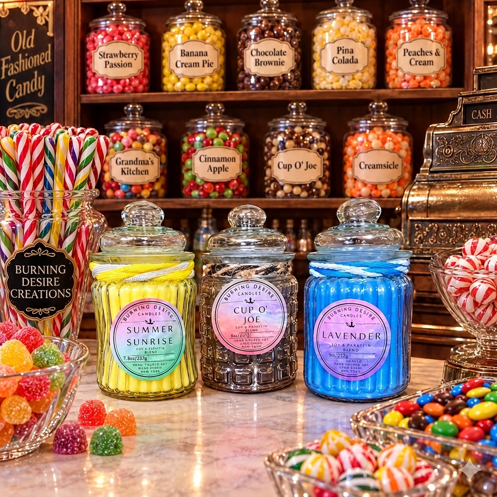 Three large candy jar candles displayed on a confectionery counter.