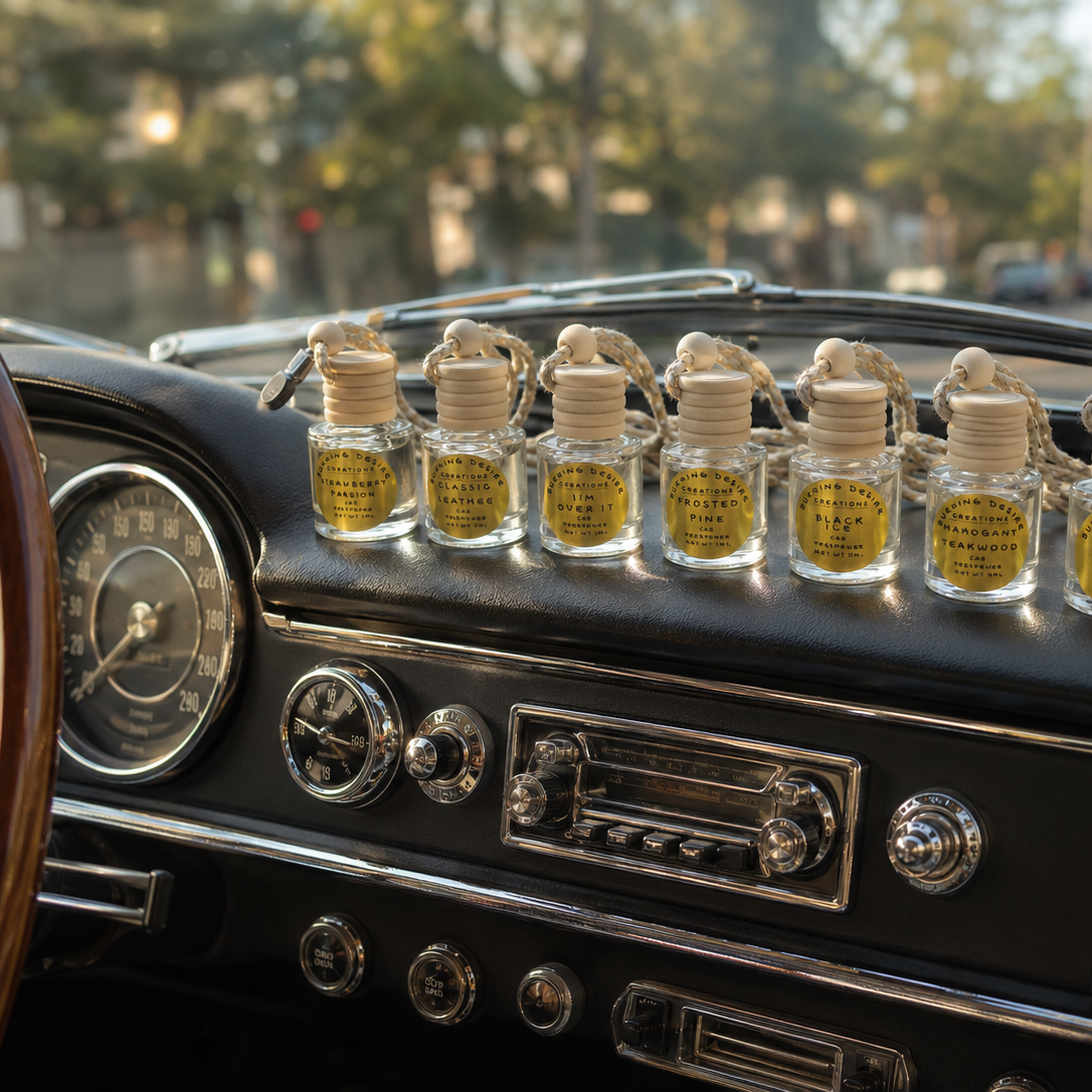 Eight small glass car diffusers lined across a vintage car dashboard.