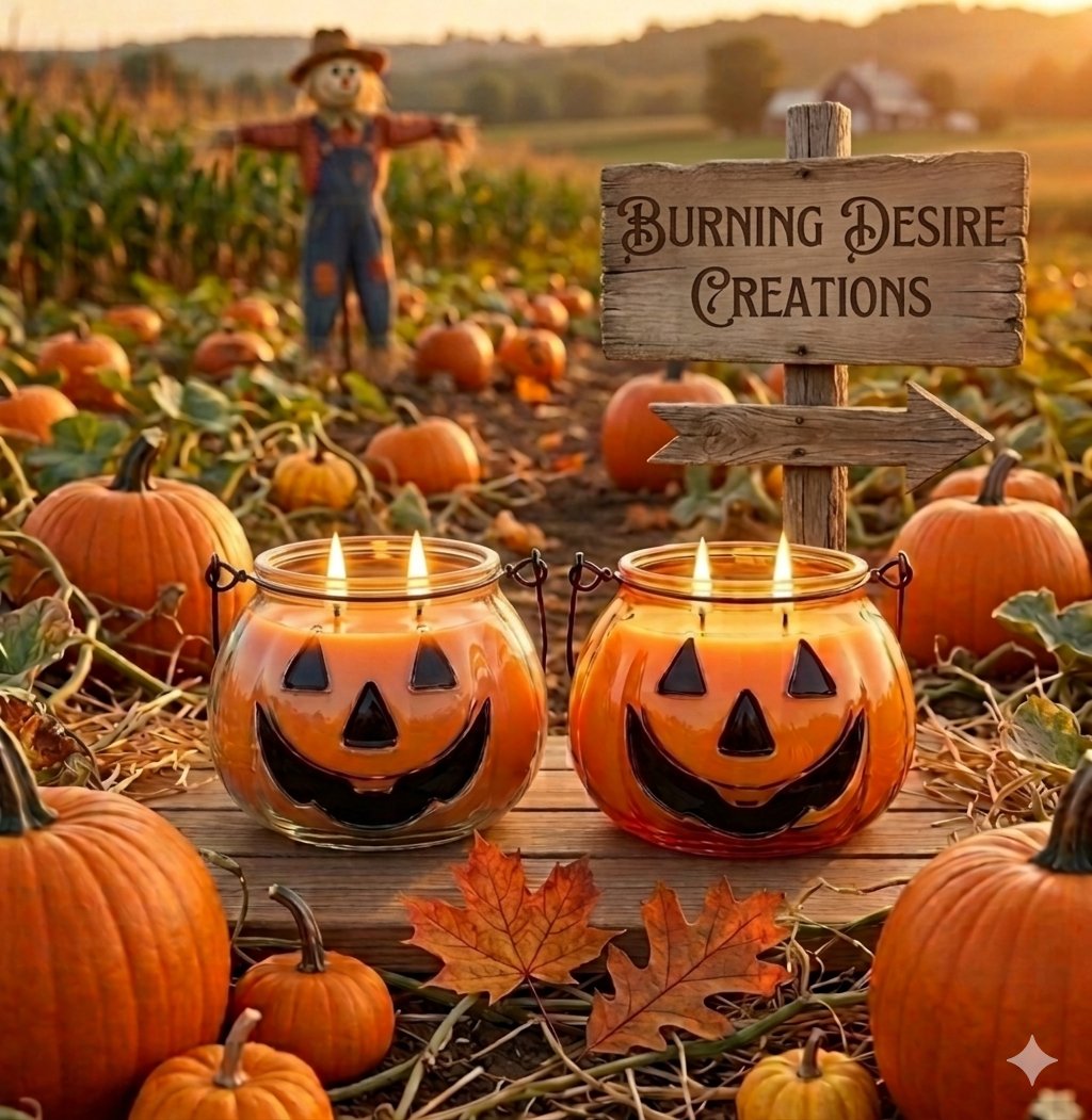 Two pumpkin-shaped jar candles displayed in a pumpkin patch at sunset.