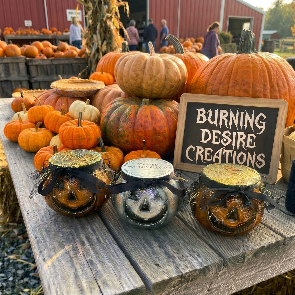 Three adorable glass pumpkin baskets sitting on a roadside market table surrounded by pumpkins and corn husks.