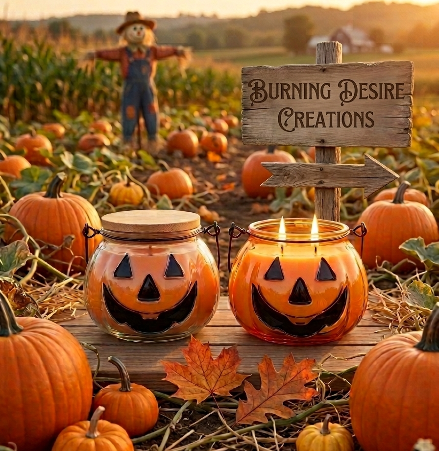 Two pumpkin-shaped jar candles displayed in a pumpkin patch at sunset.
