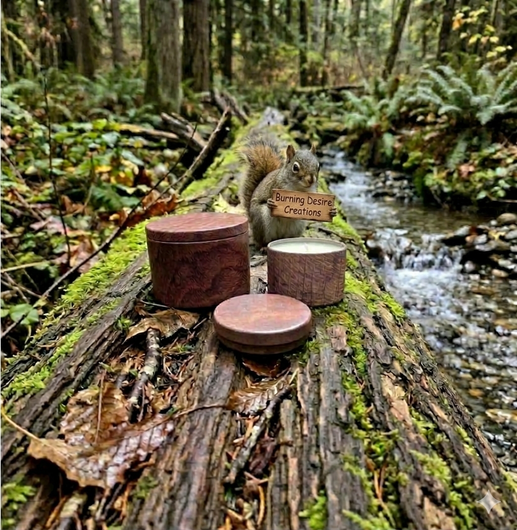 Two wood-grain candle tins displayed on a mossy log beside a woodland stream.