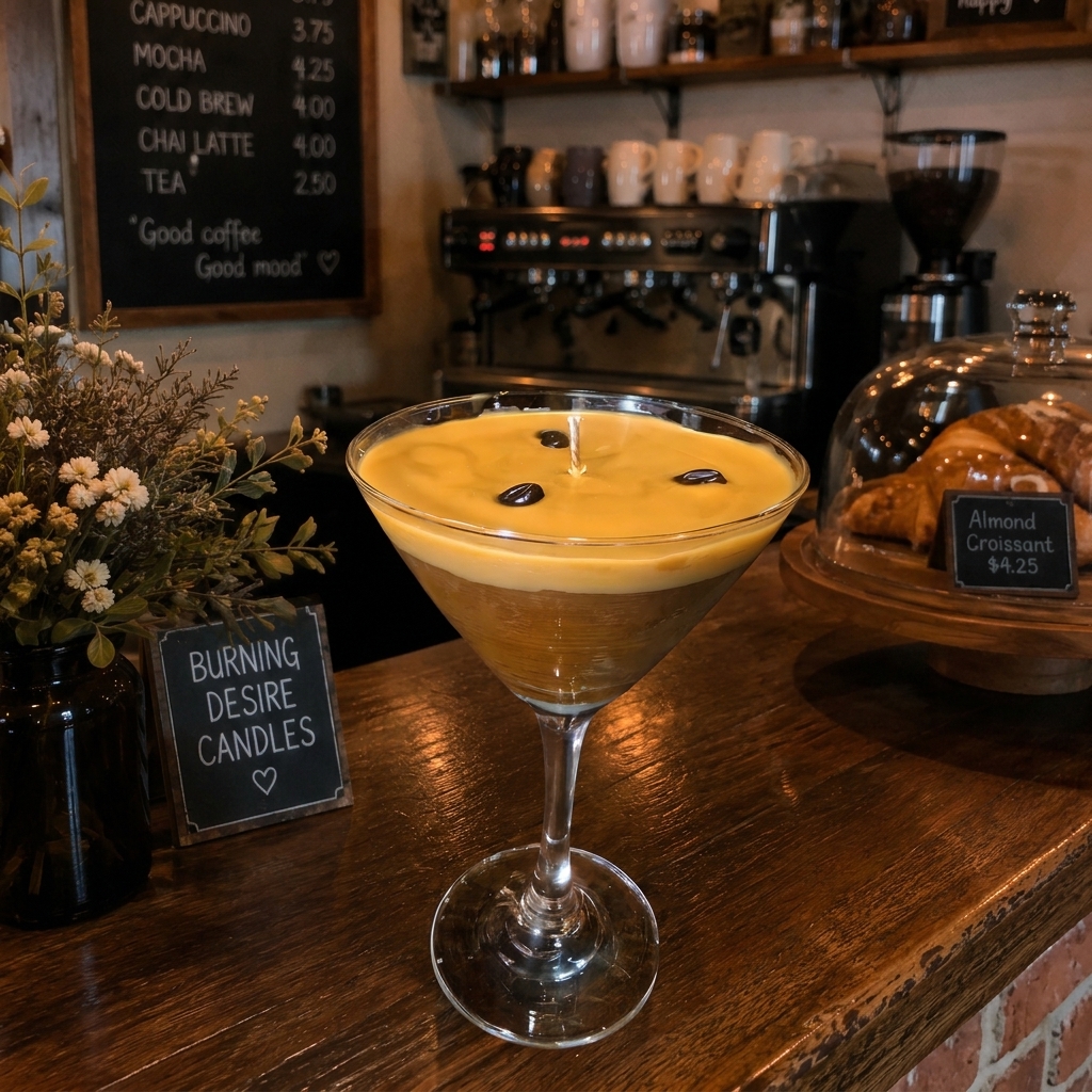Beautiful glass martini candle with a light brown frothy top sitting on a classic coffee shop counter.