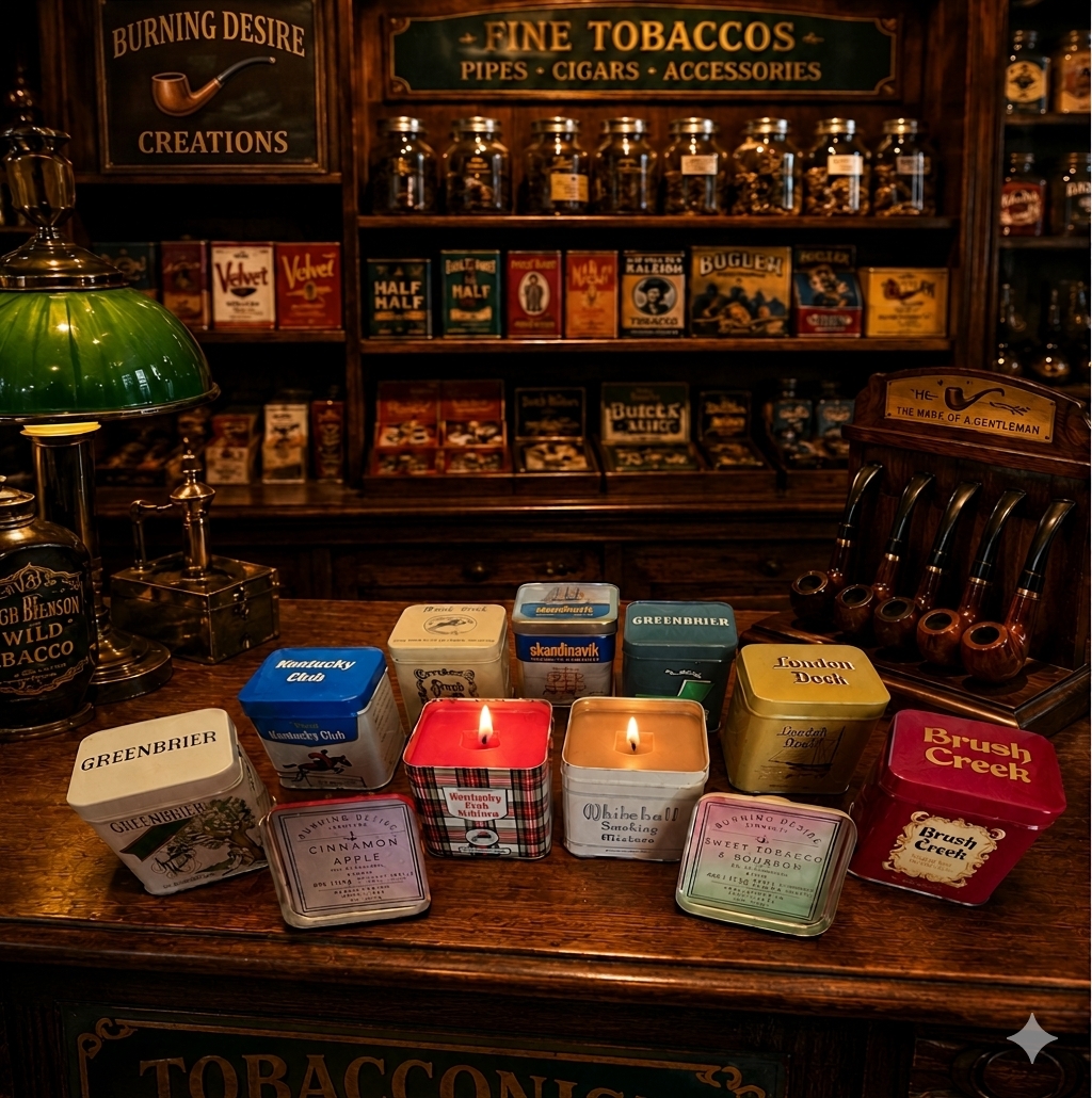 Assorted tobacco-style tin candles displayed on a tobacconist counter.