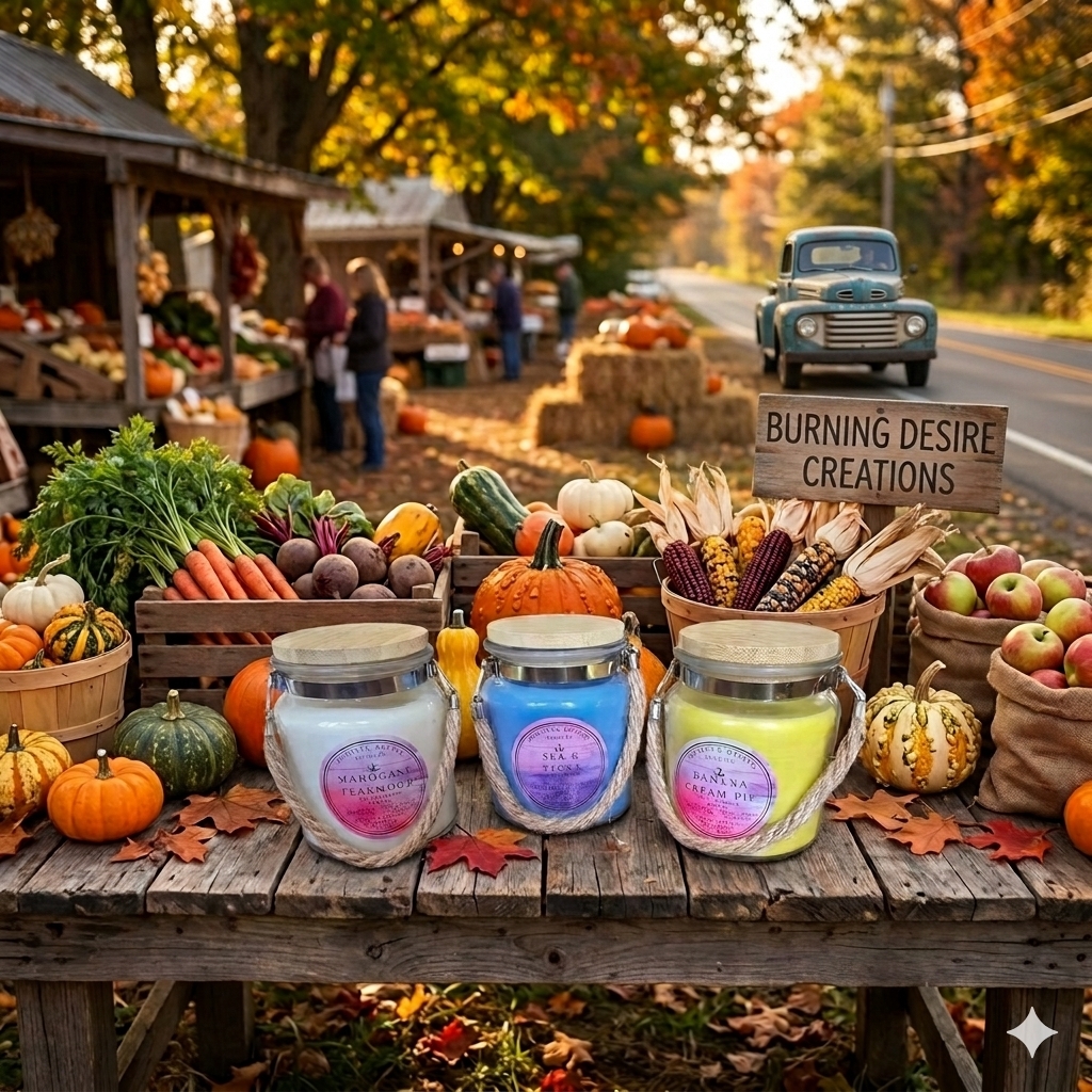 Three roped jar candles displayed with autumn produce at a roadside market.