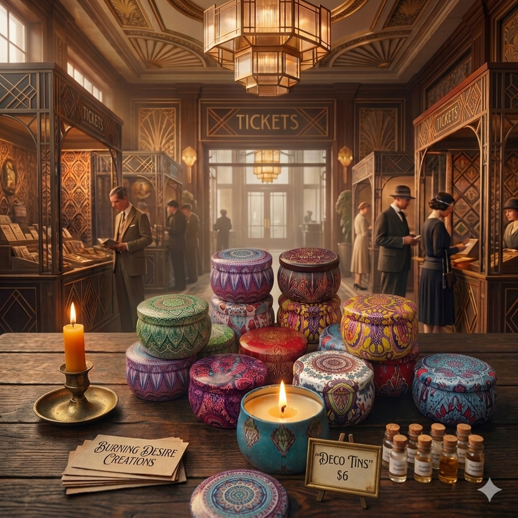 Colorful patterned candle tins displayed at a vintage train-station market table.