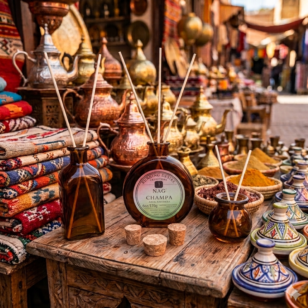 Three amber glass reed diffusers displayed at a Moroccan market.