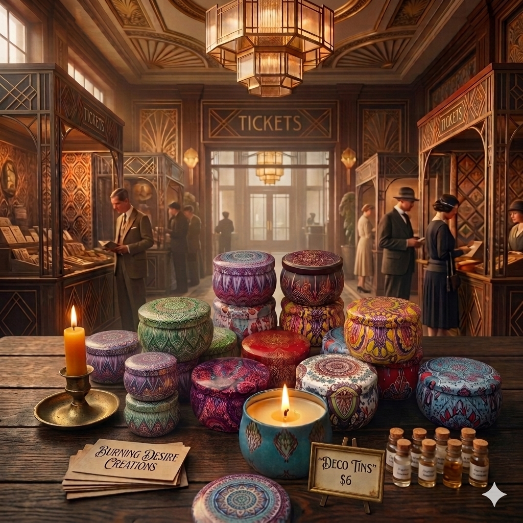 Colorful patterned candle tins displayed at a vintage train-station market table.