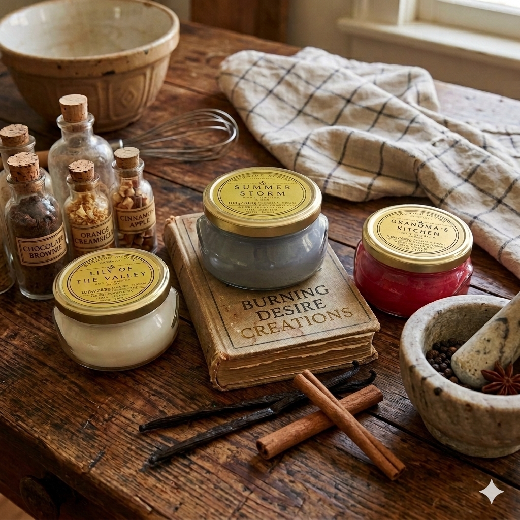 Three lidded glass jar candles displayed with baking spices on a rustic kitchen table.