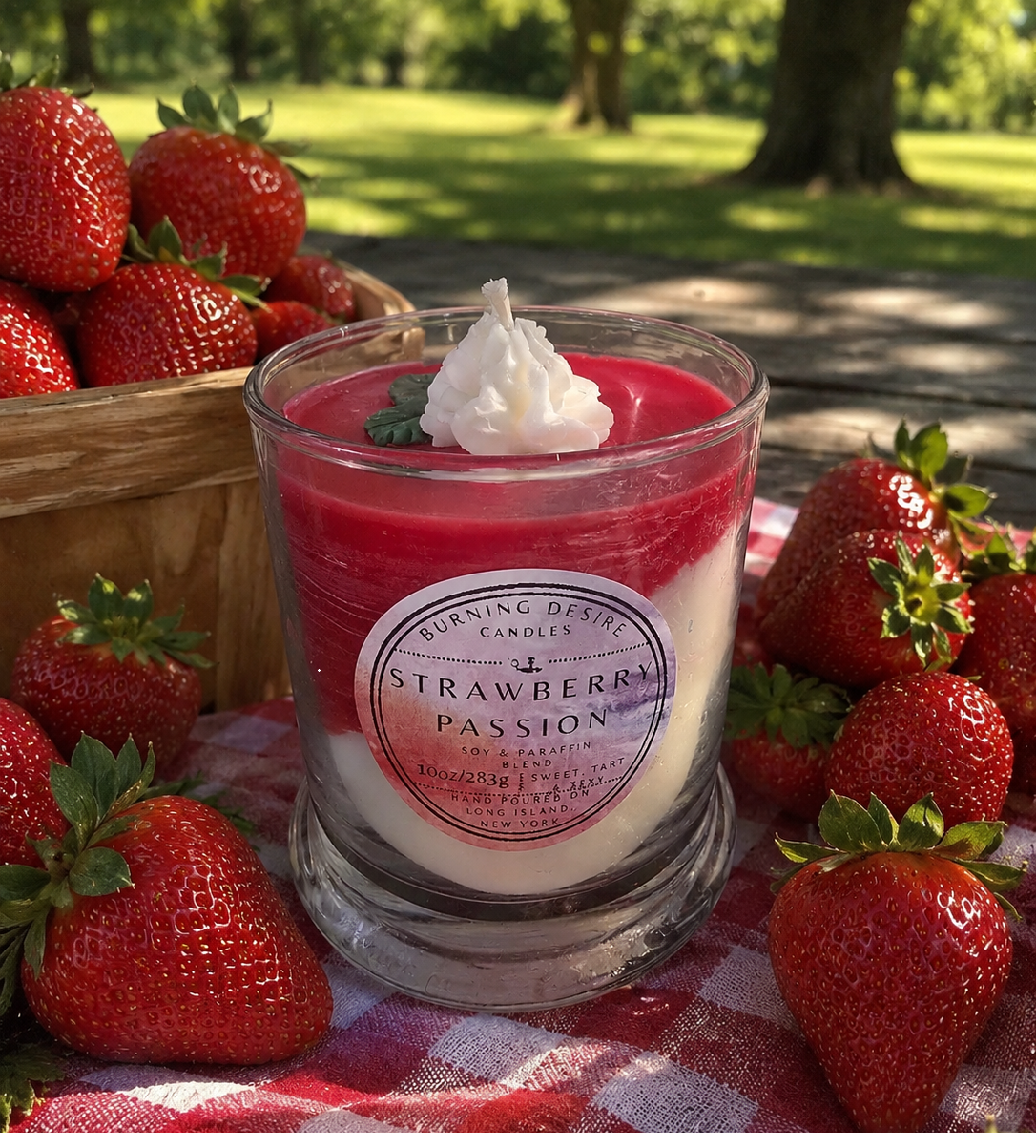 A beautiful 2 tone strawberry votive candle with whipped cream on top.